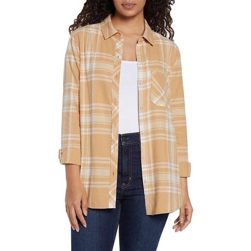 Gap Womens Relaxed Fit Flannel Shirt Jodie Plaid Beige XS